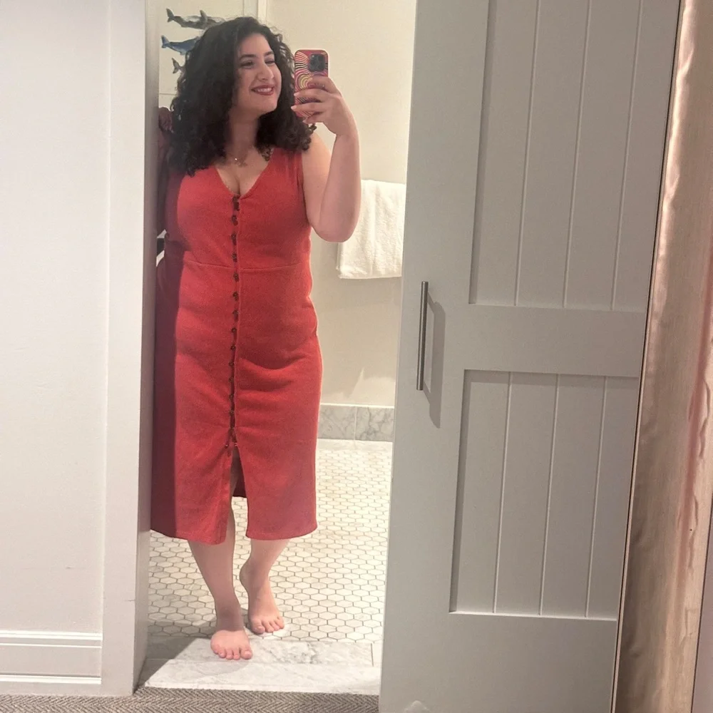 Madewell Rust Button-Front Ribbed Midi Dress - Picture 1 of 6